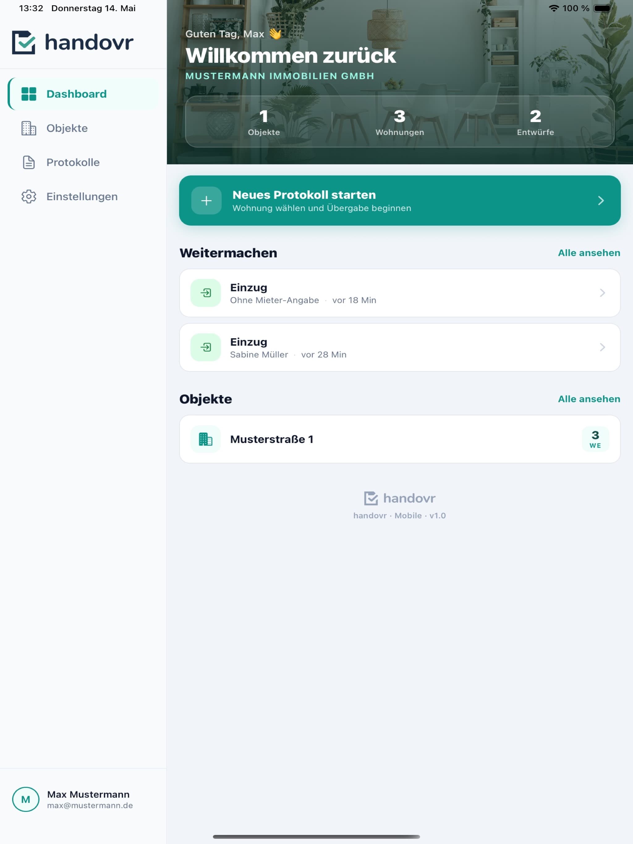 handovr App — Dashboard auf dem iPad